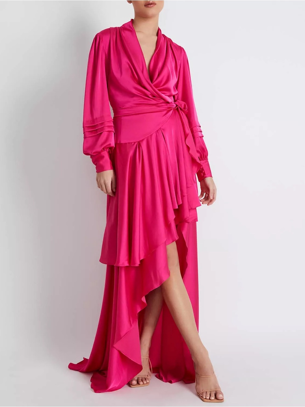 PatBO Hot Pink Hi-Low Long Sleeve Wrap Ruffle Maxi Dress